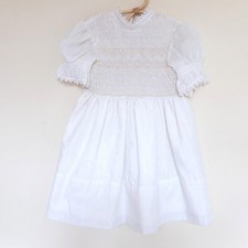 Vintage Polly Flinders Hand Smocked Dress White Lace Puff Sleeve 80s Kids Sz 6