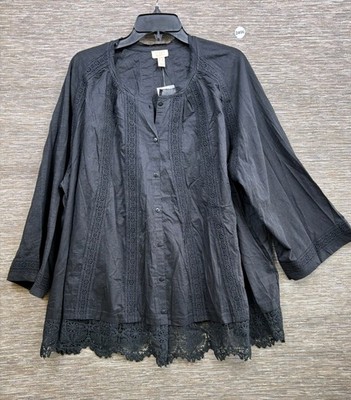 LOGO Lavish by Lori Goldstein Woven Button Front Top 2X Black with Lace Trim