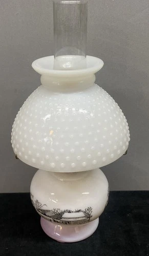 Currier And Ives Milk Glass Oil Lamp With Hobnail Shade Farm Scene Vintage