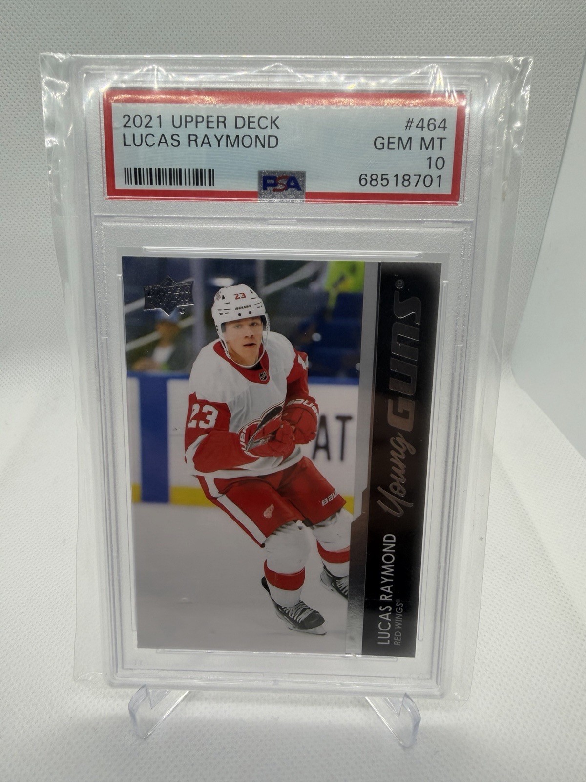 Upper Deck 2021-22 Series 2 Young Guns Lucas Raymond RC #464 Red Wings PSA 10 view 1