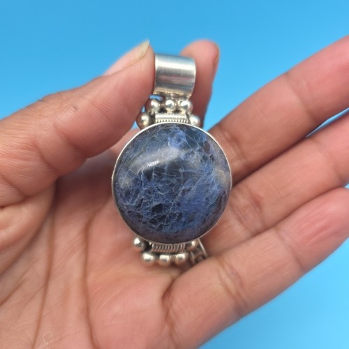 Vintage Mexico Sterling Silver 925 Blue Sodalite Stone Pendant Large Fast Ship - Picture 3 of 6