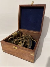 Brass Marine Sextant with Wooden Box with Brass Inlay Anchor and Accents