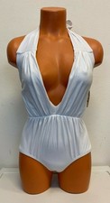 Unique Vintage Womens Halter Shirred Derek One Piece Swimsuit White Size Small -