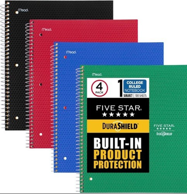 #ad Five Star DuraShield Notebooks 4 Pack College Ruled Antimicrobial Covers $24.99