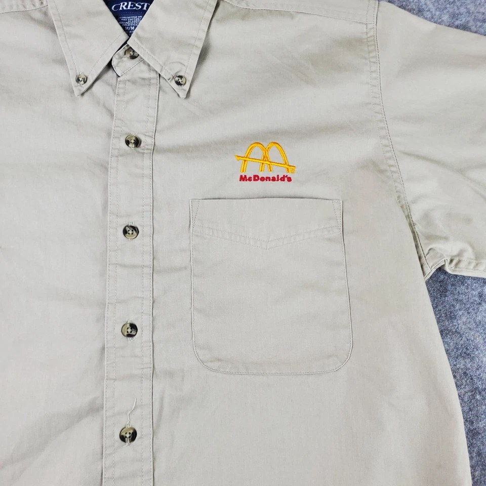 Mcdonalds Employee Button Up Shirt Mens Medium Beige Collared Short Sleeve Logo - Image 3 of 4