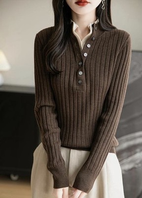 Merino Wool Blend Ribbed Faux Layered Stand-Up Collar Henley Sweater Cozy Preppy