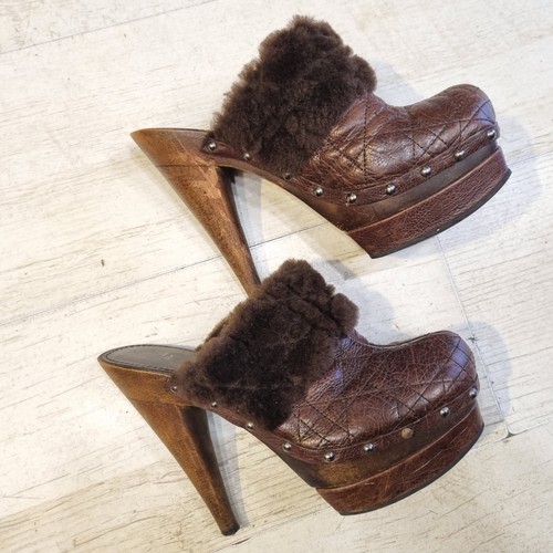 Christian Dior Vintage Quilted Leather Shearling & Wood Heeled Clogs Mules 38EU - Picture 3 of 9