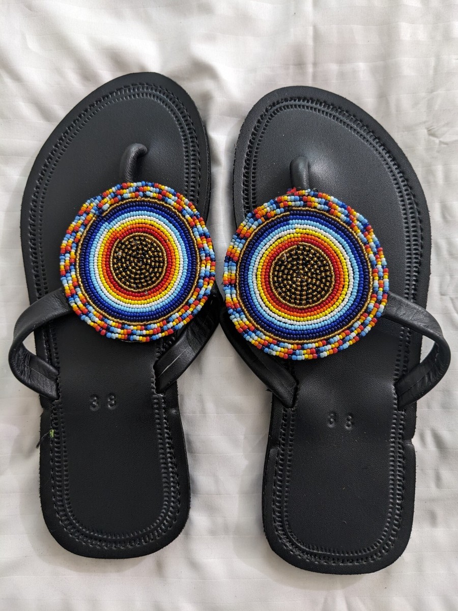 Unisex Maasai Leather Sandals. Size 11 or 43 decorated with beads. Shoes | Unisex Maasai Leather Sandals Size 15 Or 42  main image 3