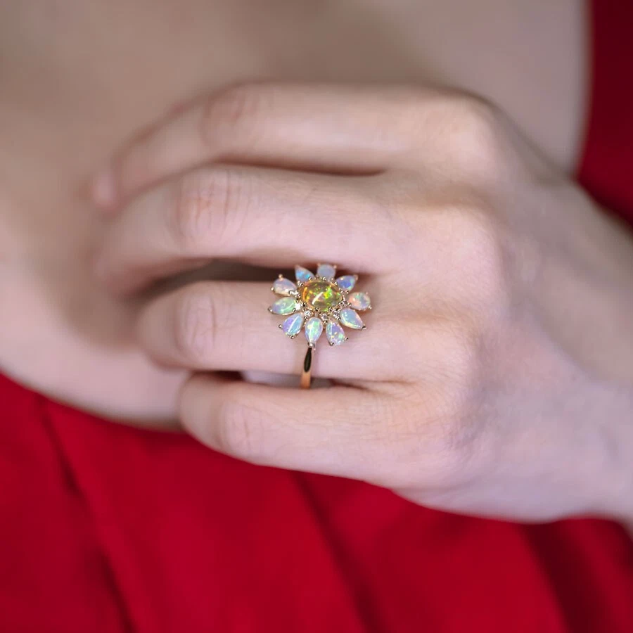Golden Dahlia –Fire Opal Australian Opal Floral Diamond Engagement Ring 18K Gold - Image 2 of 4