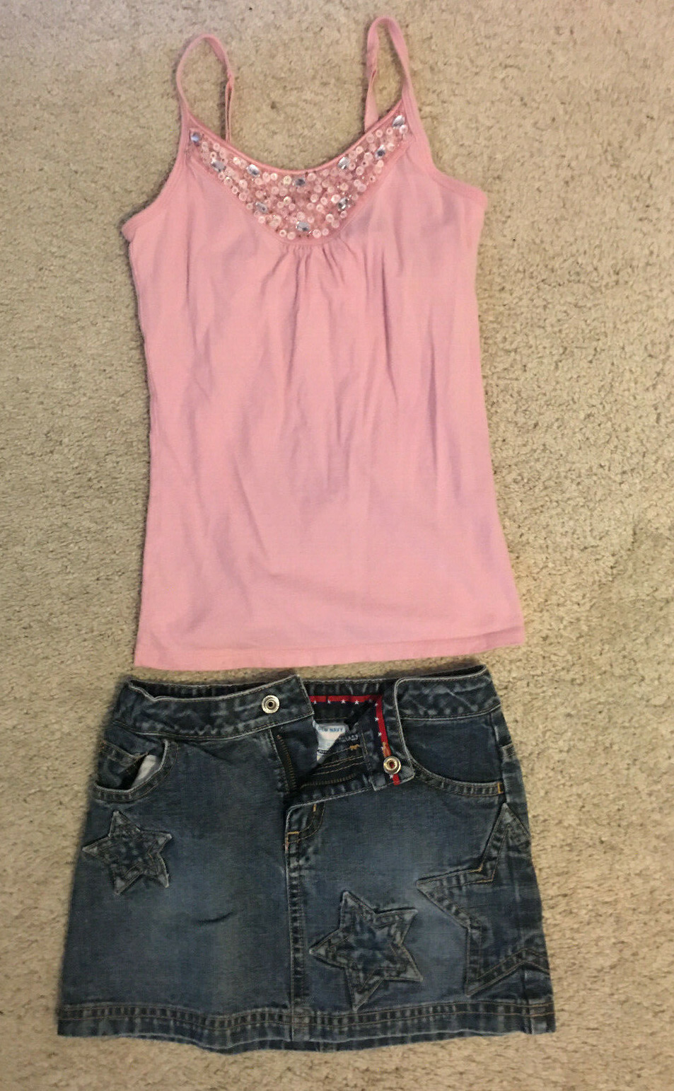 Girls Old Navy/Limited TOO Bling Spegetti Stap Top/Denim Skirt w/ Stars Size 6