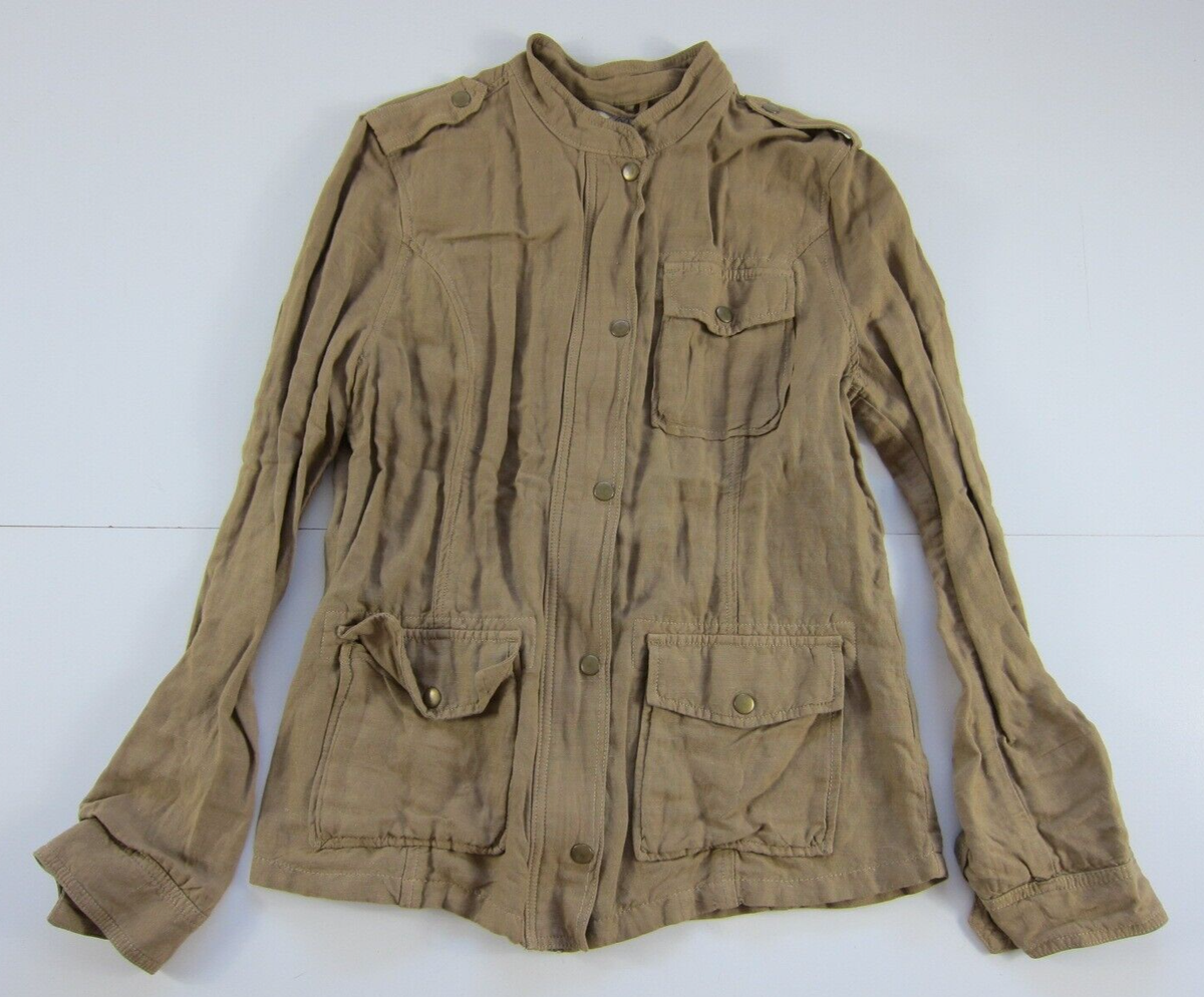 Lucky brand Linen Rayon Brown Zip Button Military Field Jacket Women Medium