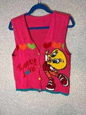 Looney Toons Tweety Bird Knitted Vest Pink Heart Buttons Size Small Love 90s