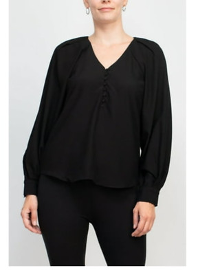 Philosophy V-neck Cuffed Long Sleeve Button Closure Front Crepe Top, Black, S