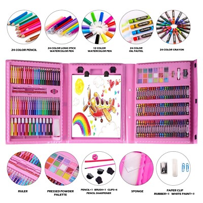 208 PCS Drawing Art Kit Set with Double Sided Trifold Gift for Girls - Pink