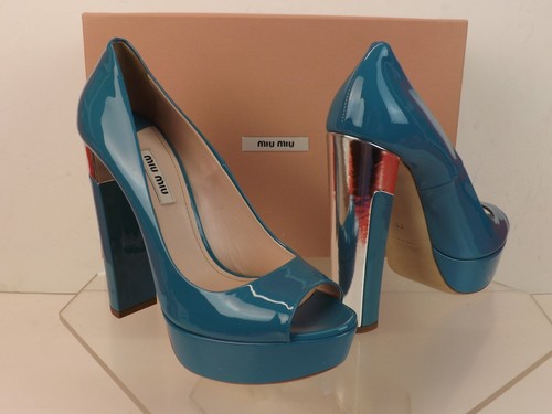 NIB MIU MIU 5KP267 TURQUOISE PATENT LEATHER SILVER HEEL PLATFORM PUMPS 39 - Picture 4 of 12