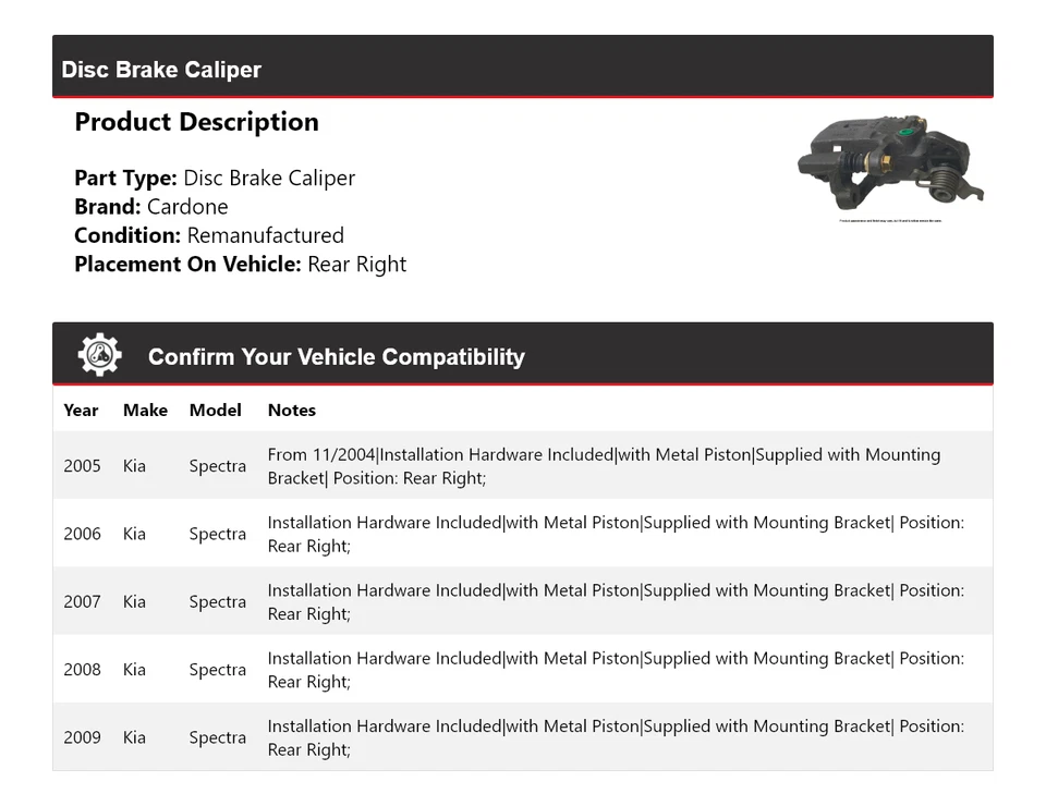 Pinza de freno de disco trasera derecha Cardone 2006 2007 2008 para Kia Spectra 2005-2009 Foto 2 de 4