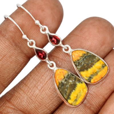Natural Indonesian Bumble Bee & Garnet 925 Silver Earrings Jewelry CE41179