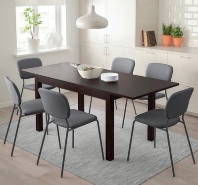 Modern Dark Wood Extendable Dining Table Set with 6 Gray Fabric Chairs