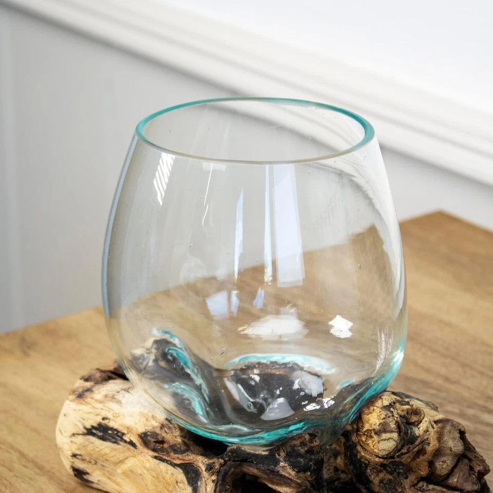 Nachhaltige Teakwurzel mit geschmolzener Glasschale - Atemberaubendes handwerkliches Dekor - 14x11cm - Bild 4 von 4