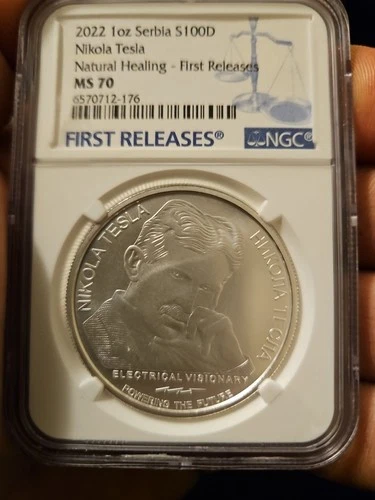 2022 Serbia S100D 1 oz. Nikola Tesla Natural Healing First Release NGC MS70