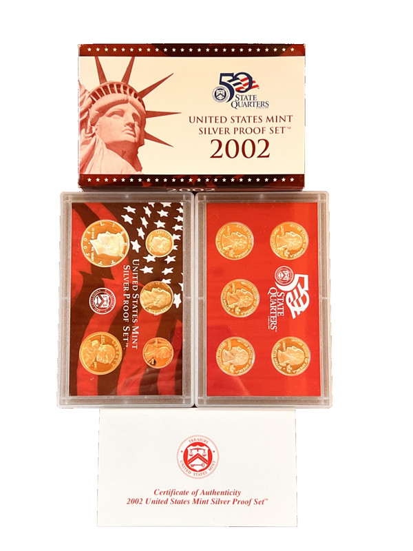 2002-S 90% Silver (1.85FV) US Mint 10 Coin Proof Set Box & COA (NOT toned)
