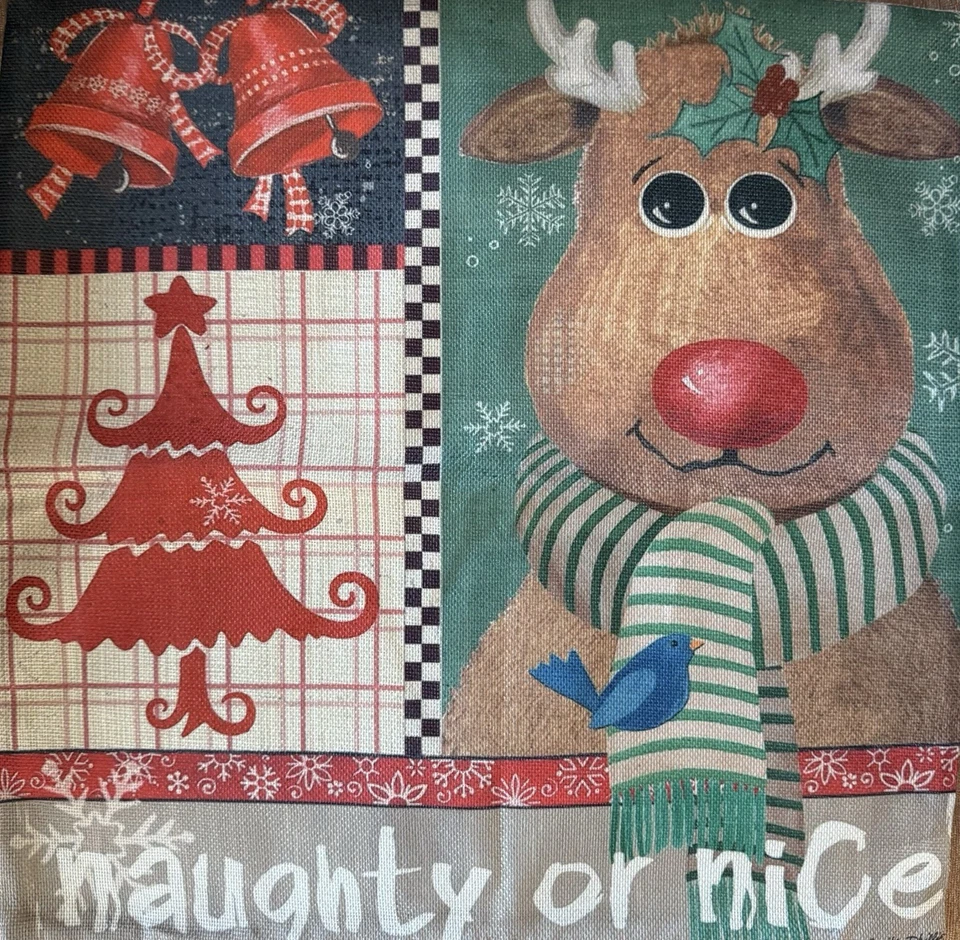 2 Christmas Pillow Covers 18x18 Linen Burlap Decorative Moose Deer Whimsical - Image 2 of 4