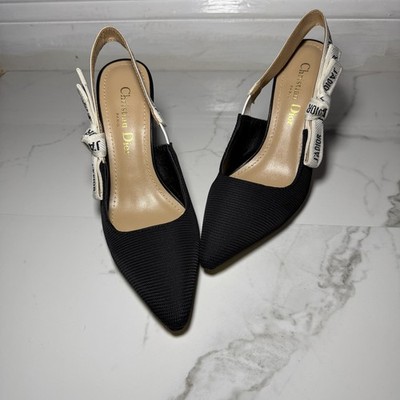 Christian Dior Slingback Heels Black Bow Logo Pointed Toe EU 38.5 / 7.5 Women s