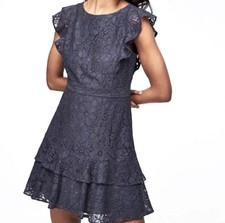 LOFT Women's Dress All Over Floral Lace Gray Flutter Ruffle Tiered Lined Size: 4