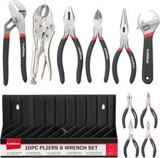 10PC Pliers and Wrench Set with Storage Rack – Includes Locking | Long Nose | Di