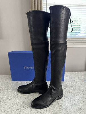 Stuart Weitzman Lowland Bold Boot Black Over the Knee Stretch Riding Boots Tie