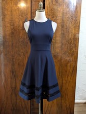NWT Eliza J Fit Flare Dress 2 Navy Blue Sleeveless Lace Stripe Trim Skirt Party