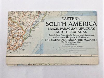 1955 National Geographic Map Eastern South America Brazil Paraguay Uruguay