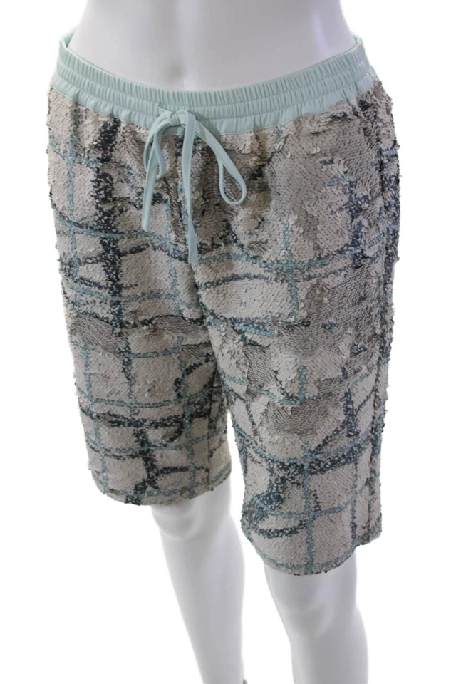 Sachin & Babi Womens Sequins Plaid Drawstring Bermuda Shorts Beige Blue Size 2 - Image 2 of 4