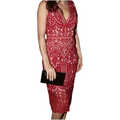 Wayne Cooper Events Red Cherry Lace Dress Size 14 Lace Look V-neck