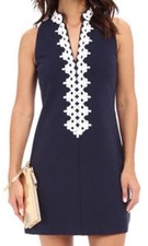 Vince Camuto Navy Stretch White decorative trim Sleeveless Sheath Dress Sz 4