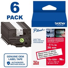 Genuine Brother TZe-S261 Strong Adhesive Black on White 1 1/2" Label Tape 6-PACK