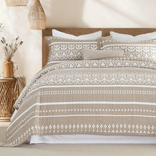 100 Cotton Boho Queen Quilt Set - Taupe and White Quilts Boho Bedding Set - Boh