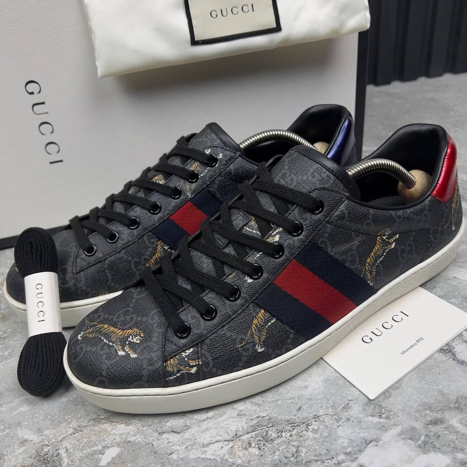 GUCCI Ace Web GG Supreme Monogram Tigre Gris Cuir 9,5 G ou 10 US ou 43,