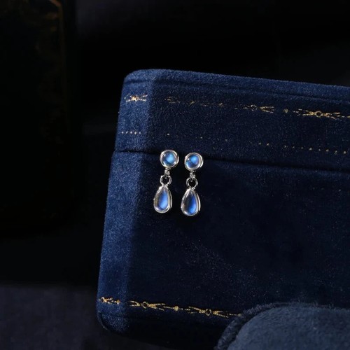 Fine 0.26CT Double Moonstone Engagement & Party Earrings For Woman In 935 Silver - Picture 4 of 8