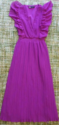 💜 Zara Purple Pleated Ruffle Midi Design Dress UK S 8 Bloggers Fave - Picture 2 of 9
