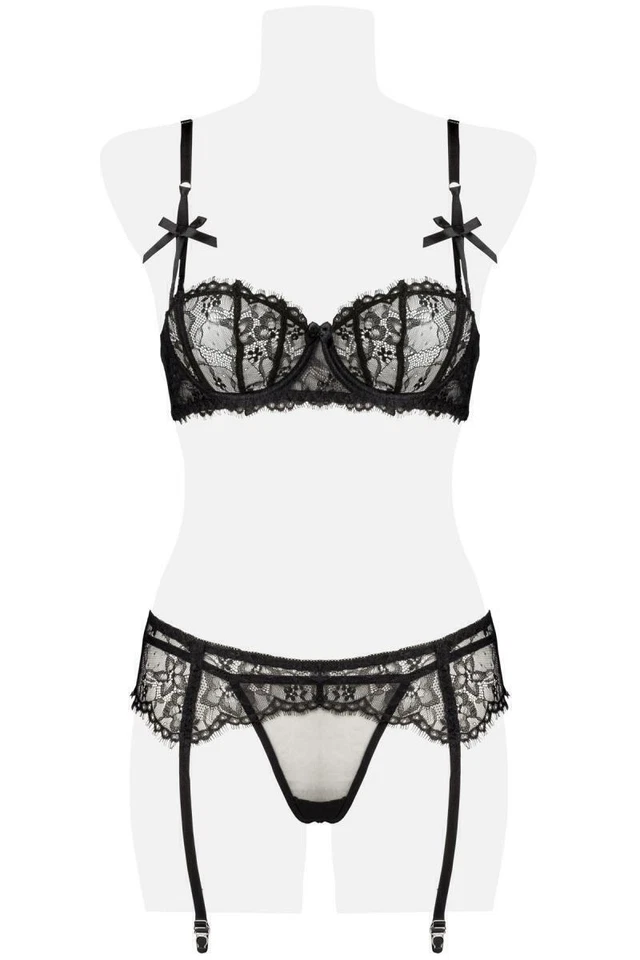 Grey Velvet Dessous Set Erotisch BH String Strumpfhalter Strümpfe Gr M 5-Teilig - Bild 3 von 4