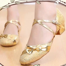 Kid Girl Ballroom Footwear Glitter 3D Bow Indoor Latin Shoes Salsa Tango Dancing