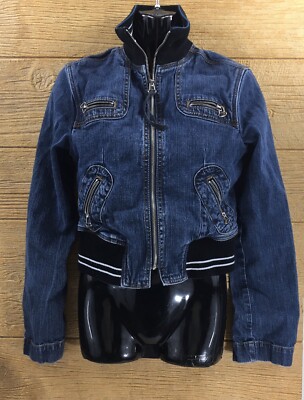 Vigoss Women's Jean Jacket Size Small Blue Varsity Casual Coat Zip Up Pockets