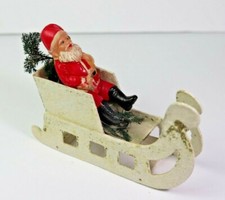 Vintage Celluloid Santa Claus with Jointed Legs in Cardboard Sleigh Christmas