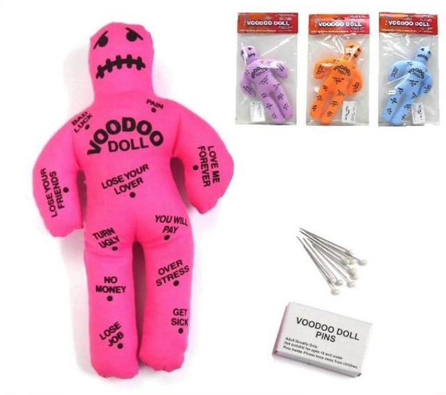 6 NOVELTY ASSORTED VOODOO DOLLS with pins funny joke hate plush black