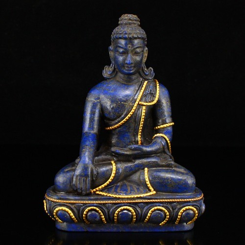 Tibetan Buddhism Lapis Lazuli Sakyamuni Buddha Statue With Silver Wire Inlay Gem - Picture 15 of 16