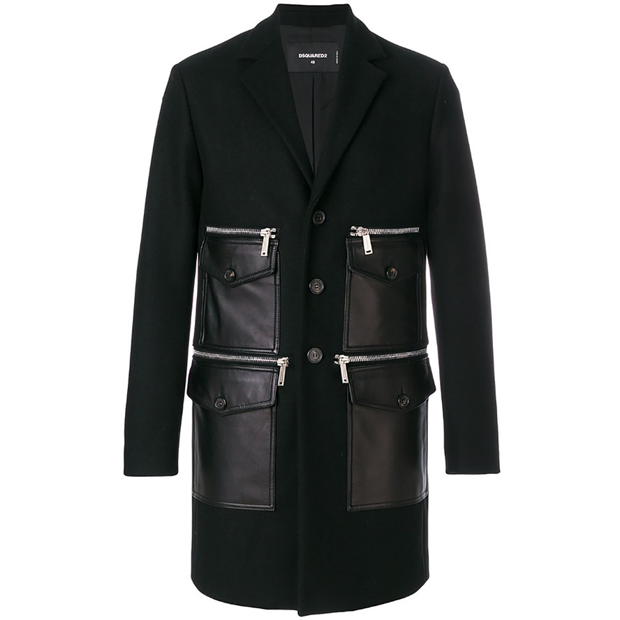 DSQUARED2 Black Wool Leather Coat with Zipped Pockets, Size 50