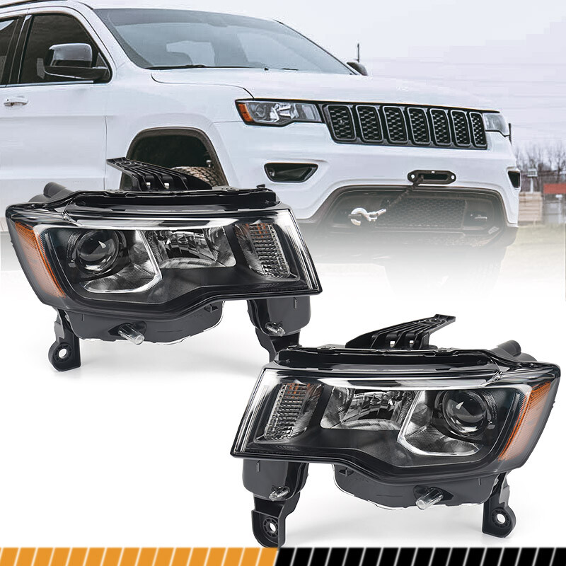 For 2017-2021 Jeep Grand Cherokee Halogen Projector Headlight Black Pair LH+RH