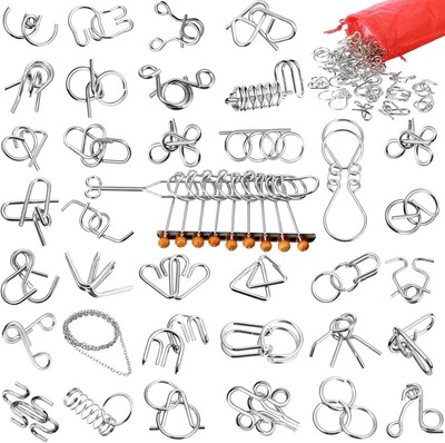 Yilloog Metal Brain Teaser Puzzles Set of 36 with Pouch, Steel IQ Games Physics 