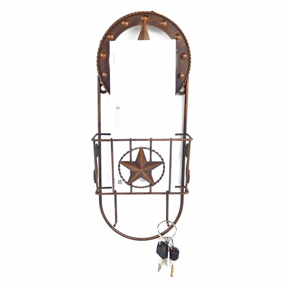Rústico Western Stars Metal 2 en 1 Porta Letras y Llaves Dos Ganchos Cobre Cepillado Foto 2 de 4